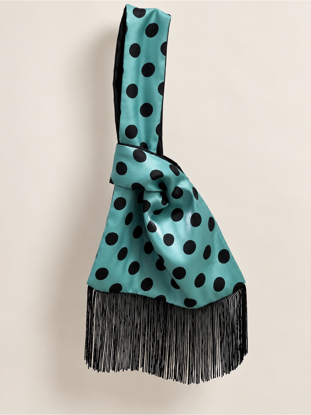 Black Polka Dot Turquoise Satin Fringe Scarf